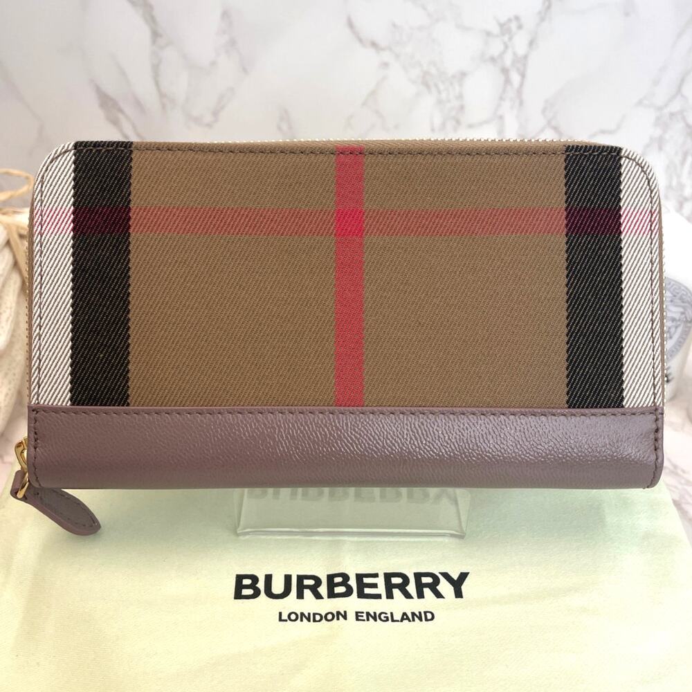 Burberry Tan Check Zip-Around Wallet with Pink Accent